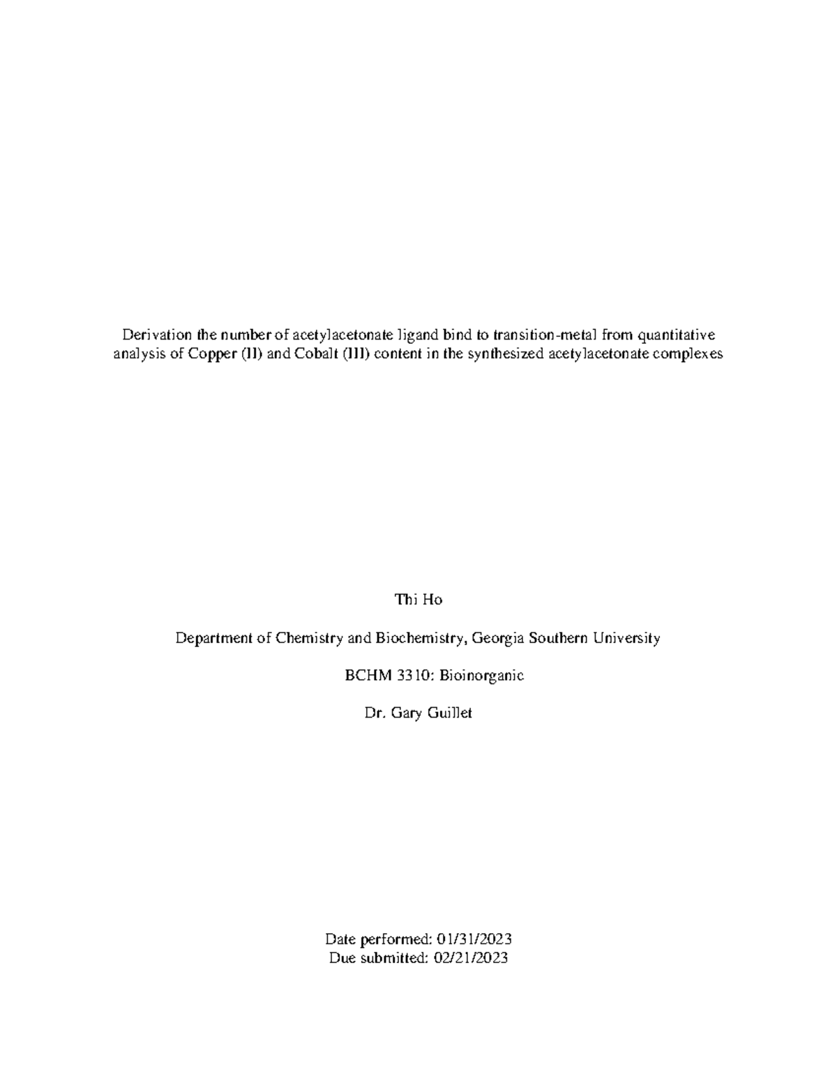 Lab report 2 inorganic TH - Derivation the number of acetylacetonate ...