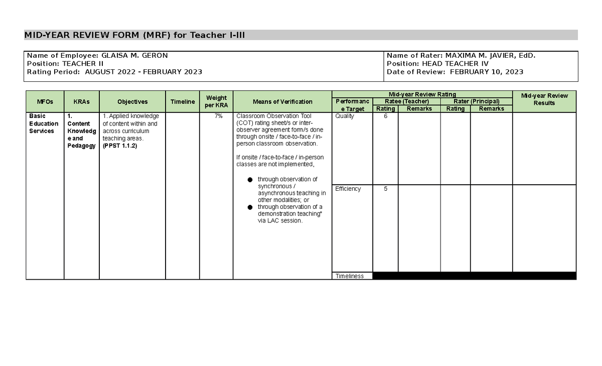 ipcrf REVIEW 2022-2023 - MID-YEAR REVIEW FORM (MRF) for Teacher I-III ...