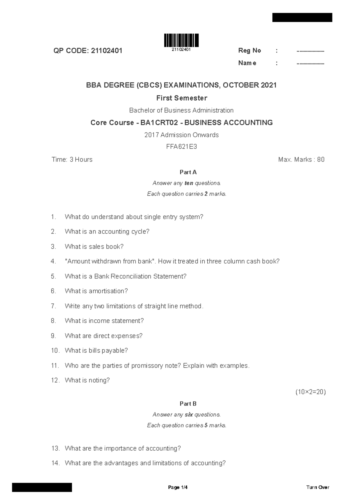 Business-accounting - business-accounting - QP CODE: 21102401 Reg No