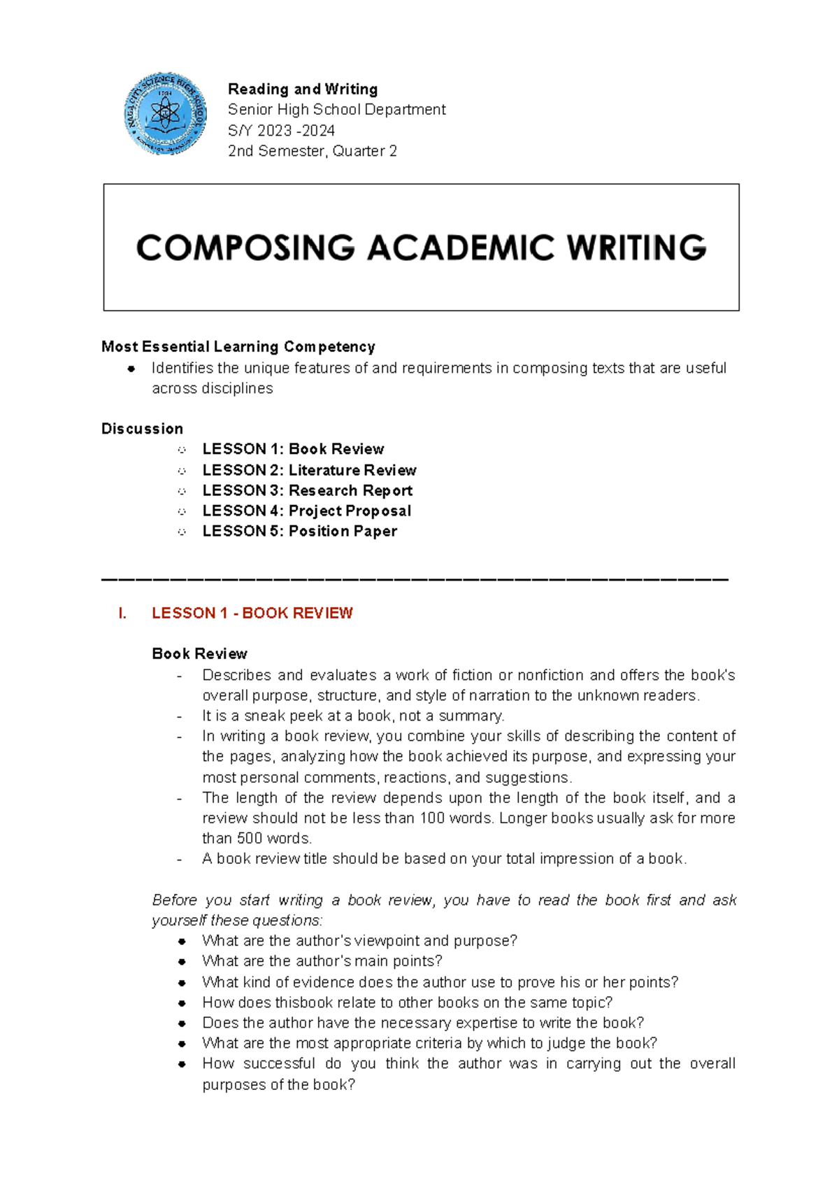 ComposingAcademicWriting Reading and Writing Senior High School