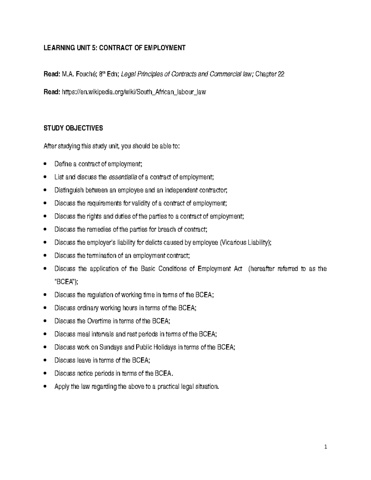 Learning UNIT 5 Employment LEARNING UNIT 5 CONTRACT OF EMPLOYMENT