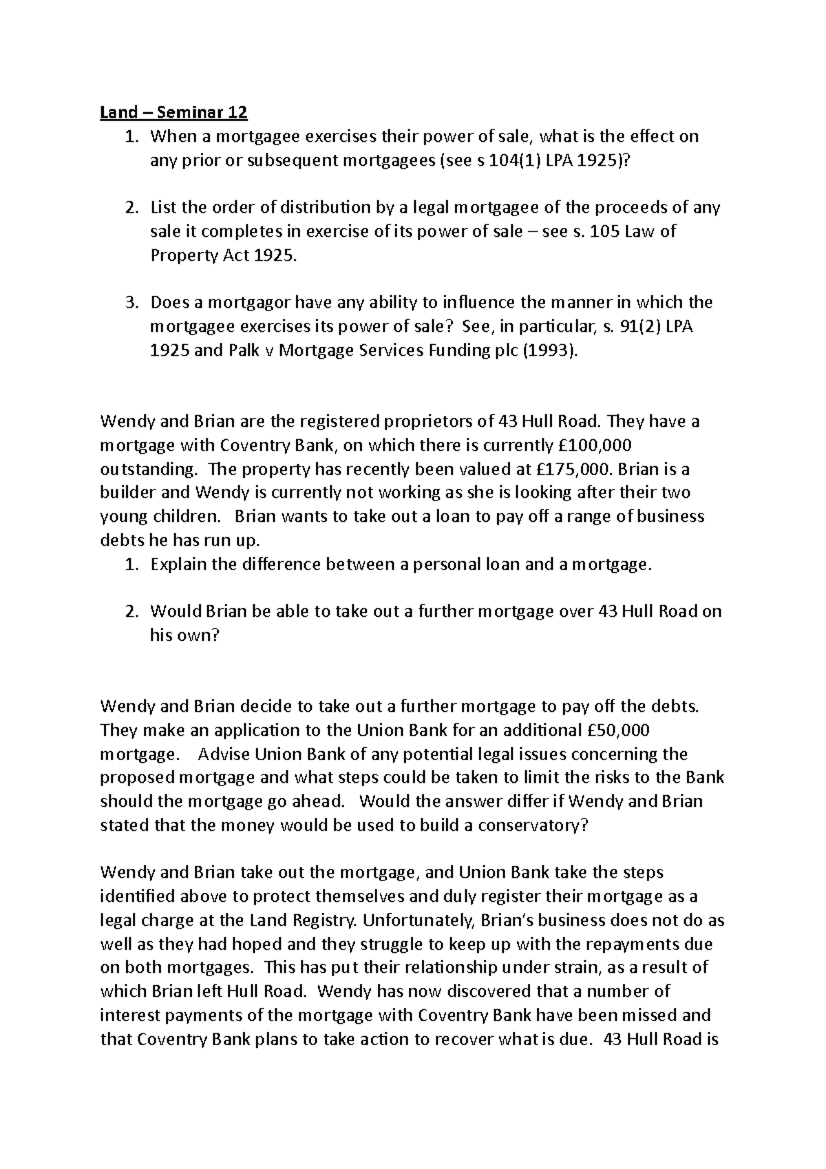 W12 Seminar - Lecture notes 12 - Land – Seminar 12 1. When a mortgagee ...