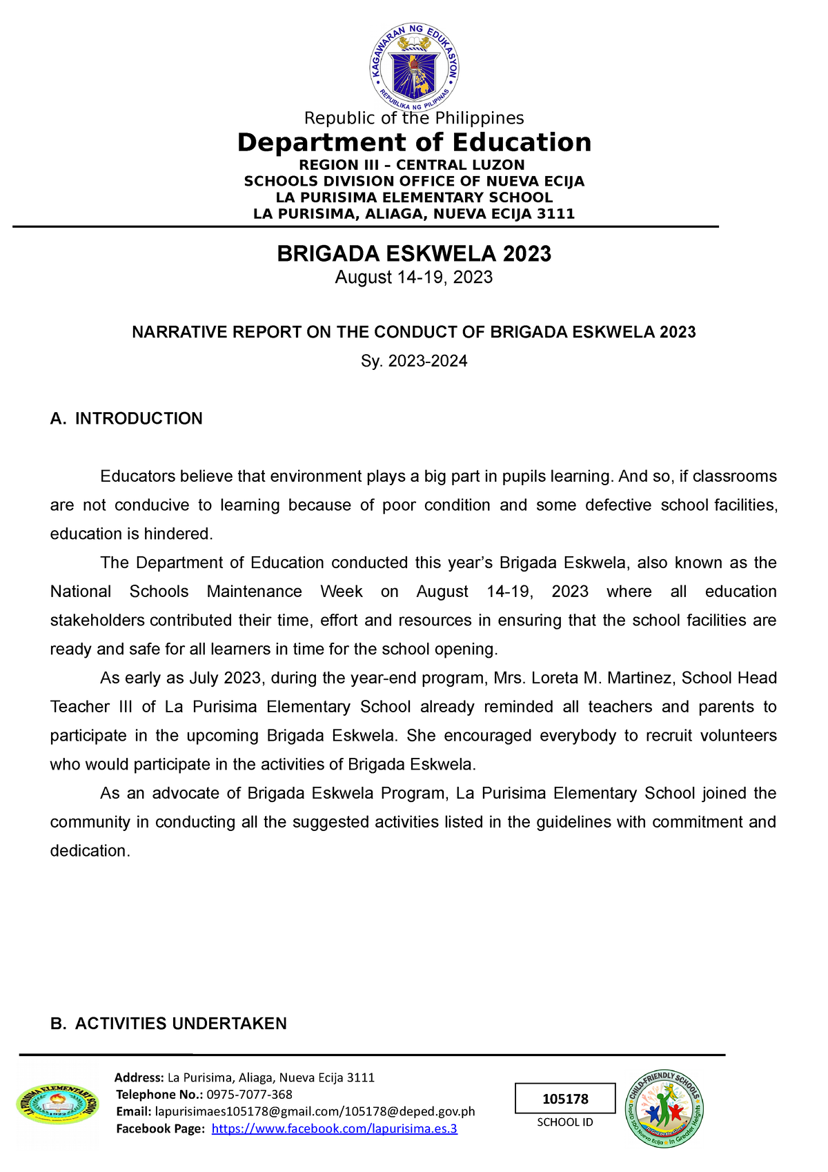 Brigada Eskwela 2023 Narrative Report - 105178 SCHOOL ID Republic of ...