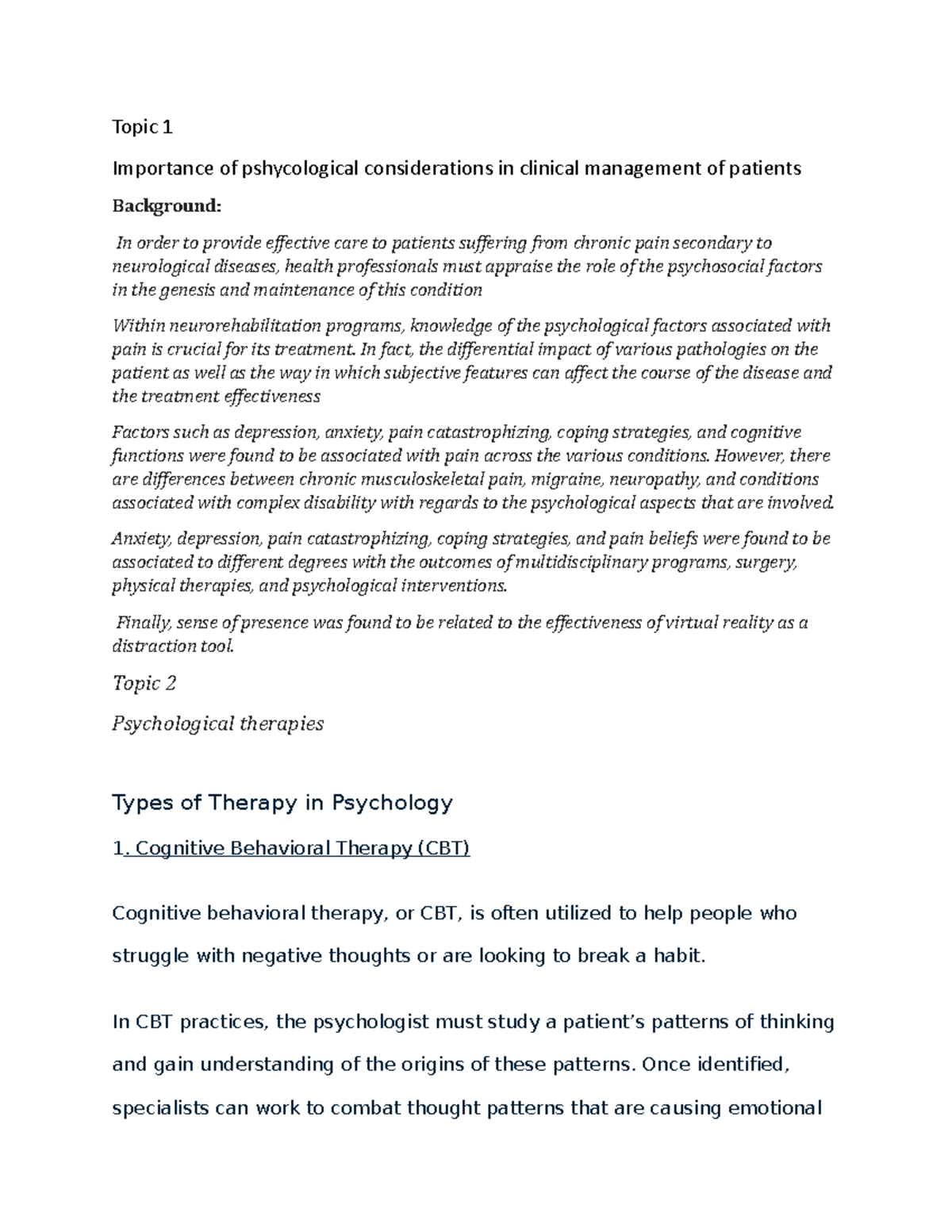 Health physiology - Topic 1 Importance of pshycological considerations ...