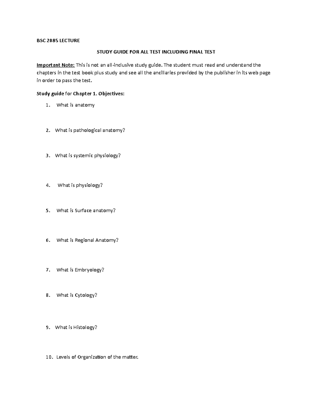 Anatomy test 1 study sheet - BSC 2085 LECTURE STUDY GUIDE FOR ALL TEST ...