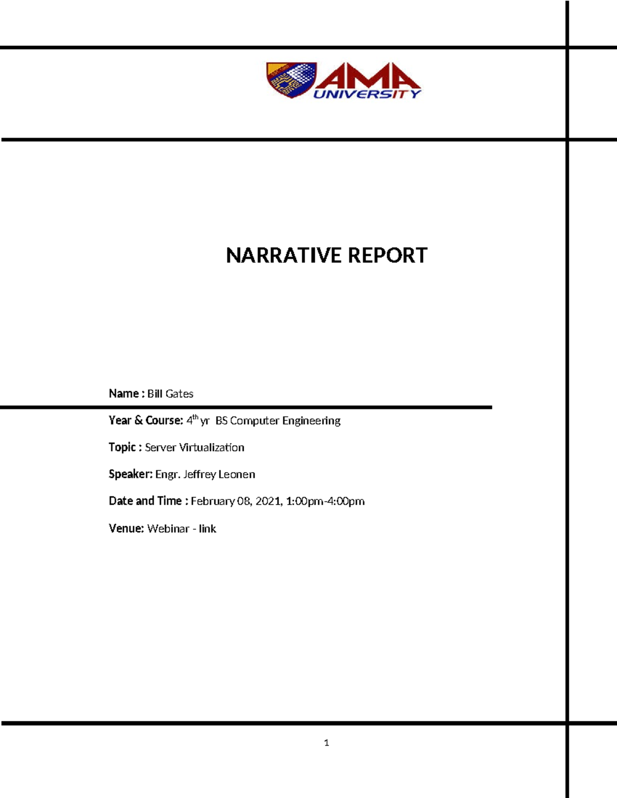 Narrative Report Format - NARRATIVE REPORT Name : Bill Gates Year ...
