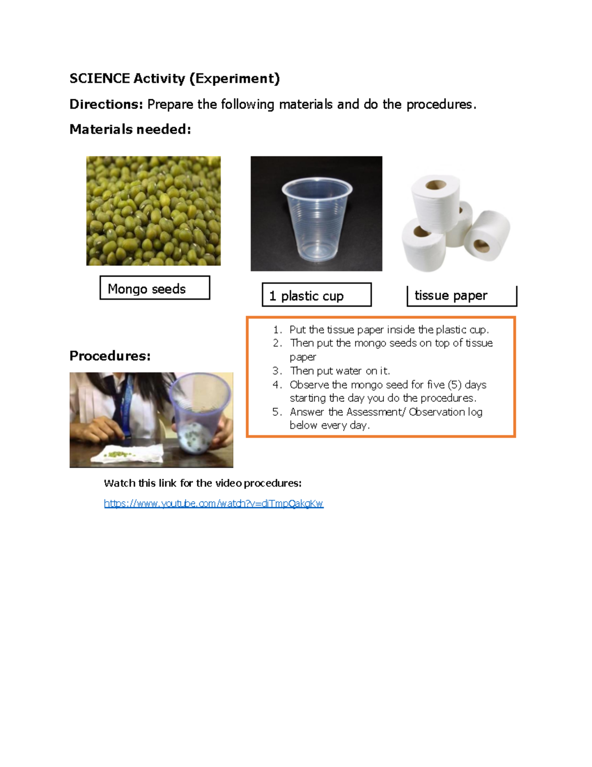 Science Activity - SCIENCE Activity (Experiment) Directions: Prepare ...