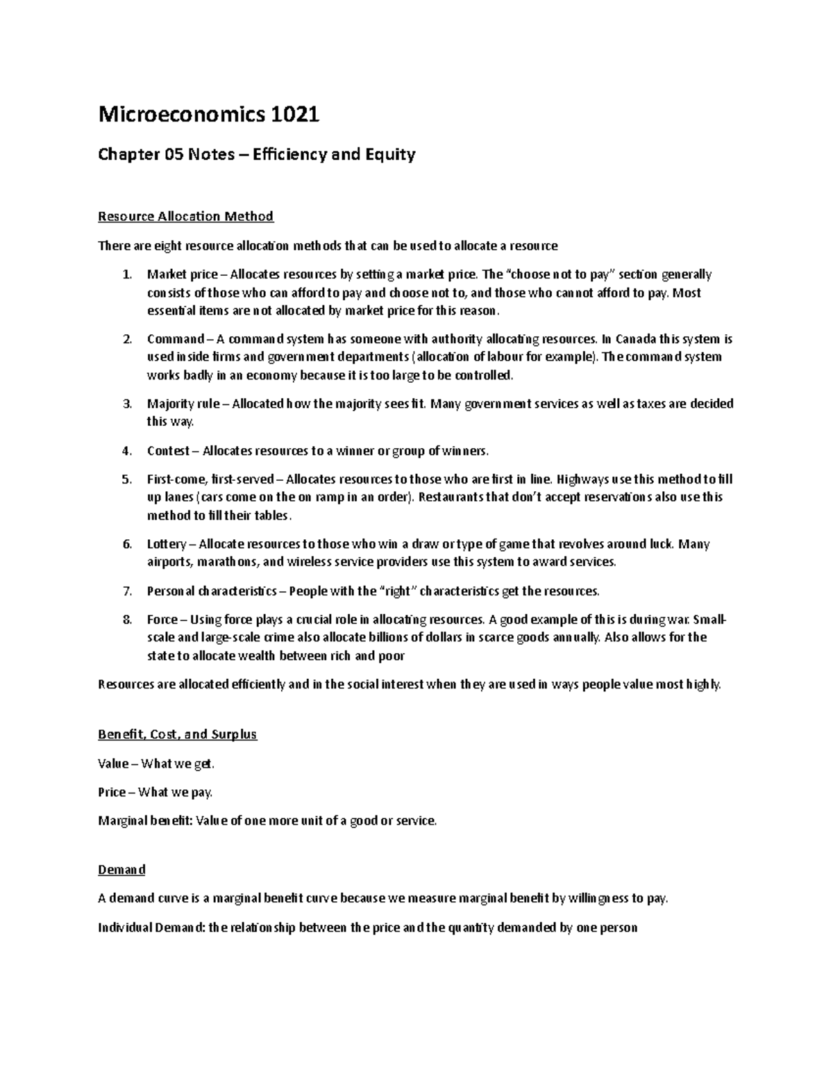 Chapter 5 Econ 1021a With Mohammed Hossain Microeconomics 1021 Chapter 05 Notes Efficiency Chapter 5 Econ 1021a With Mohammed Hossain Microeconomics 1021 Chapter 05 Notes Efficiency