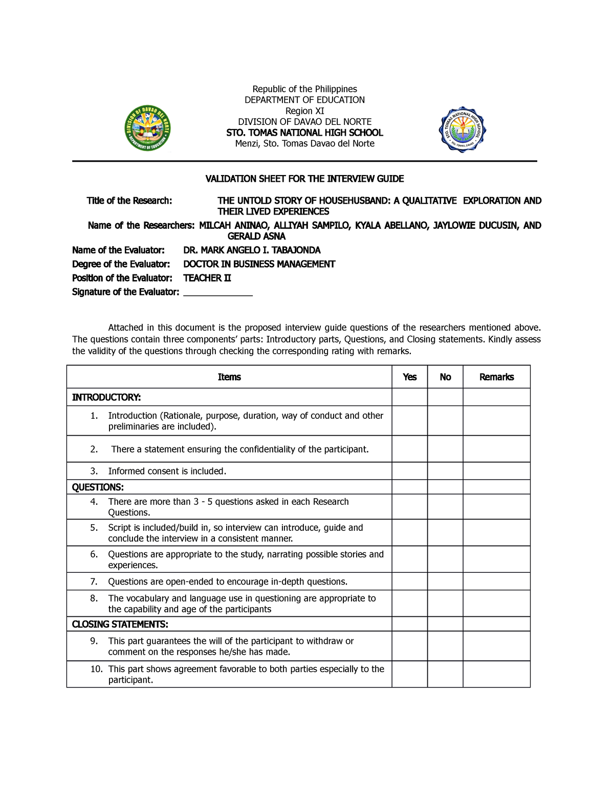 Validators questionnaire format abbey quali - Republic of the ...