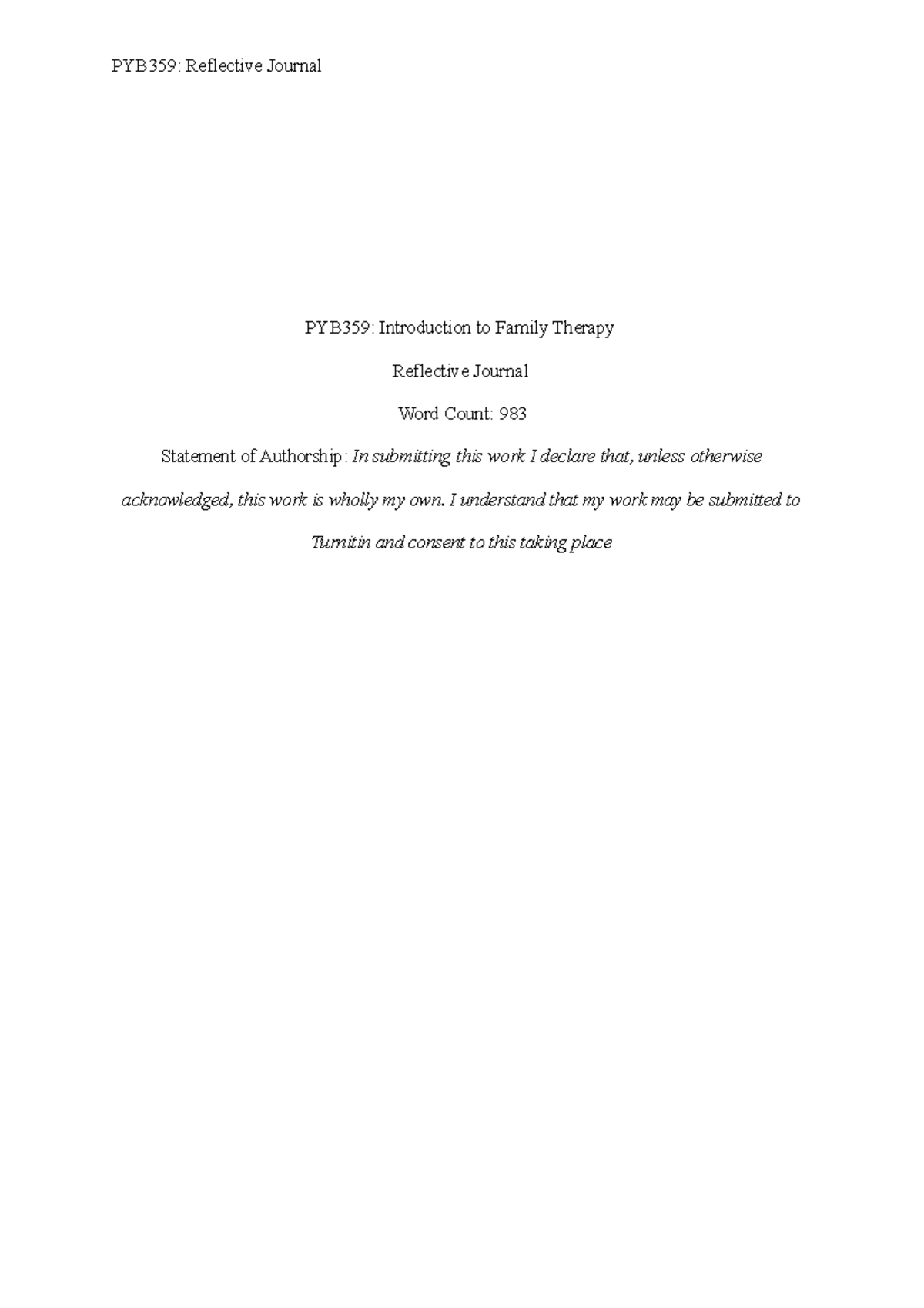 PYB359 Reflective journal - PYB359: Introduction to Family Therapy ...