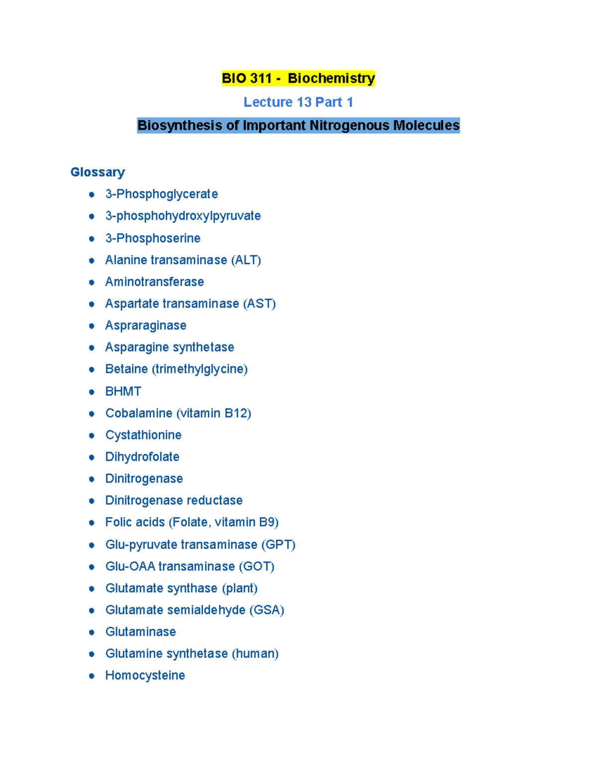 BIO 311 Lecture 13 Part 1 Fall 2020 - BIO 311 - Biochemistry Lecture 13 ...
