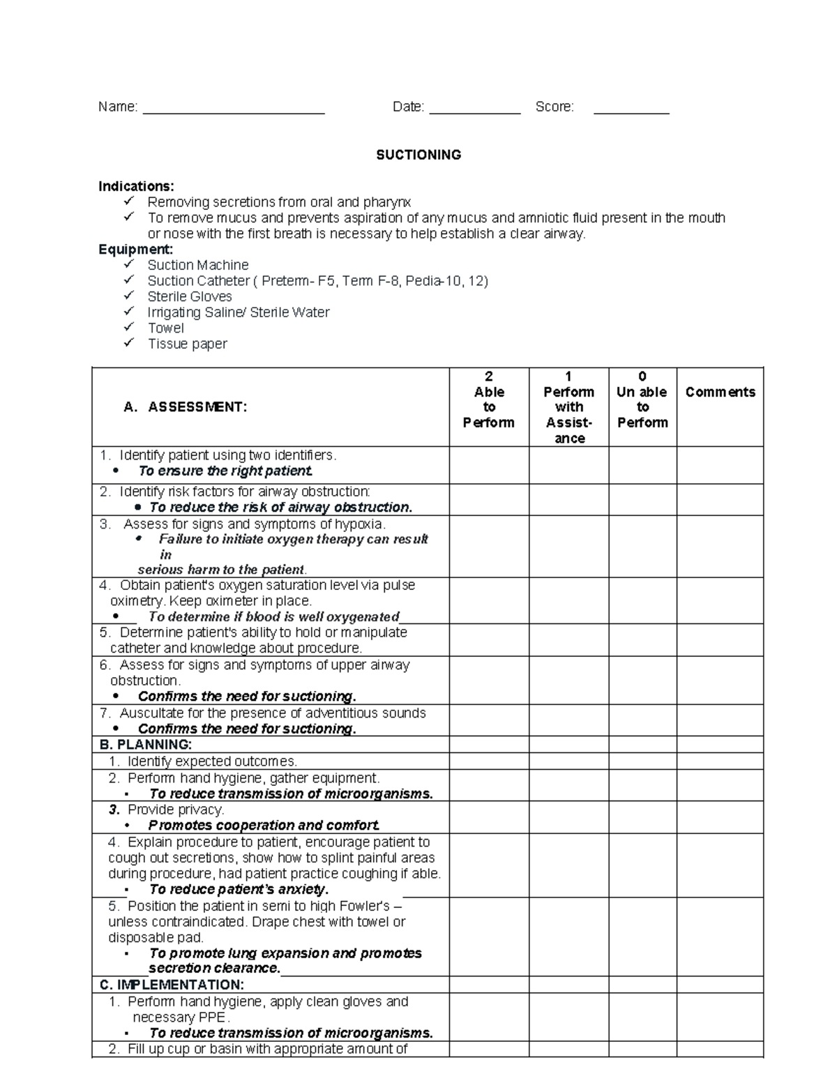 NCM 109 Suctioning Checklist 24 - Name: ________________________ Date ...