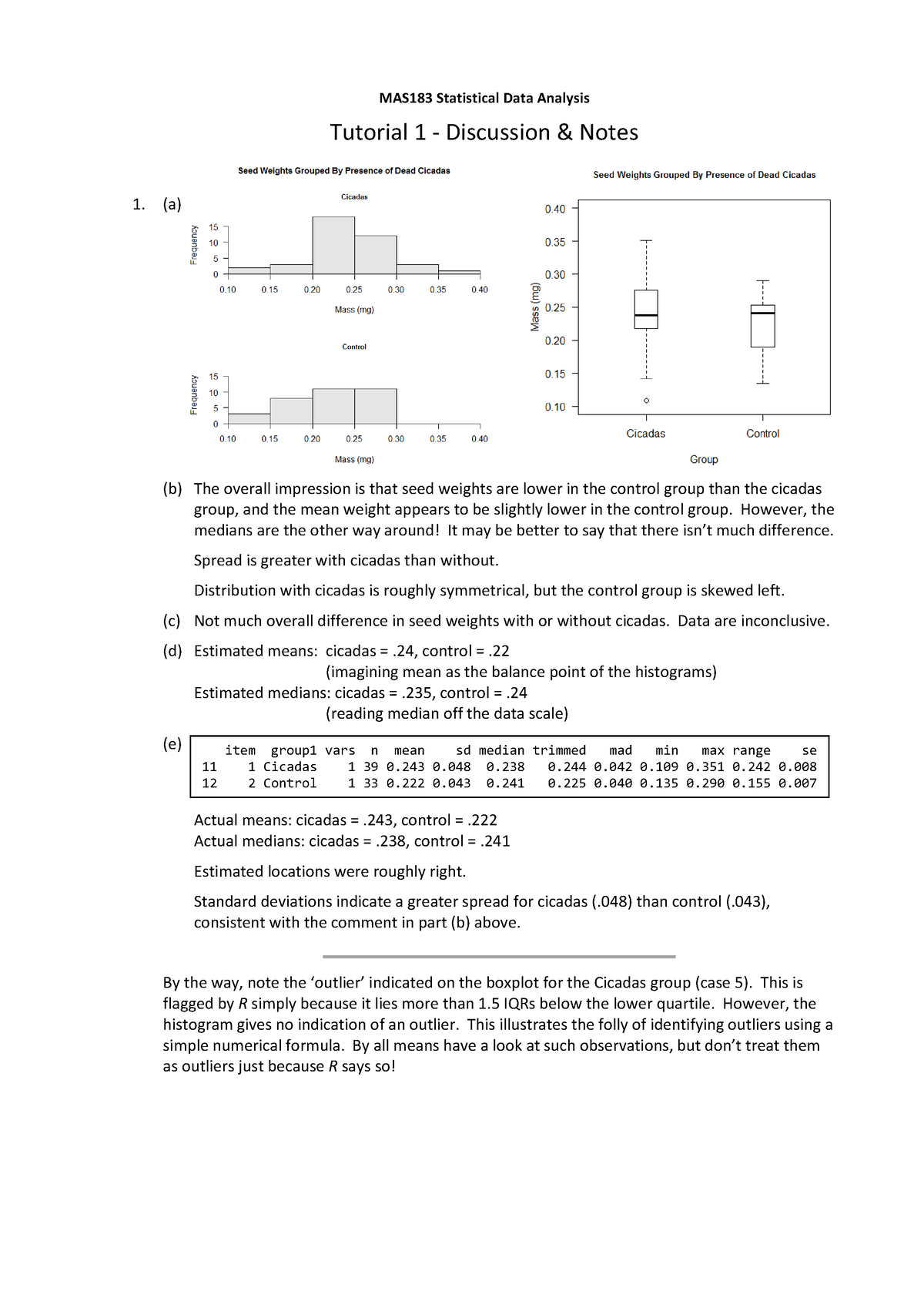 Tut 1 Notes - MAS183 Statistical Data Analysis Tutorial 1 - Discussion ...