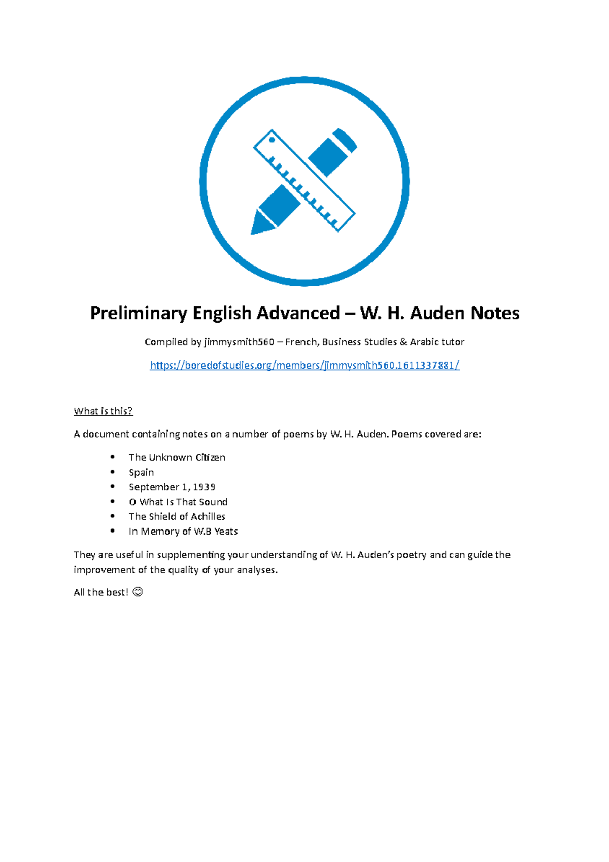 W.H. Auden Notes english Preliminary English Advanced W. H. Auden