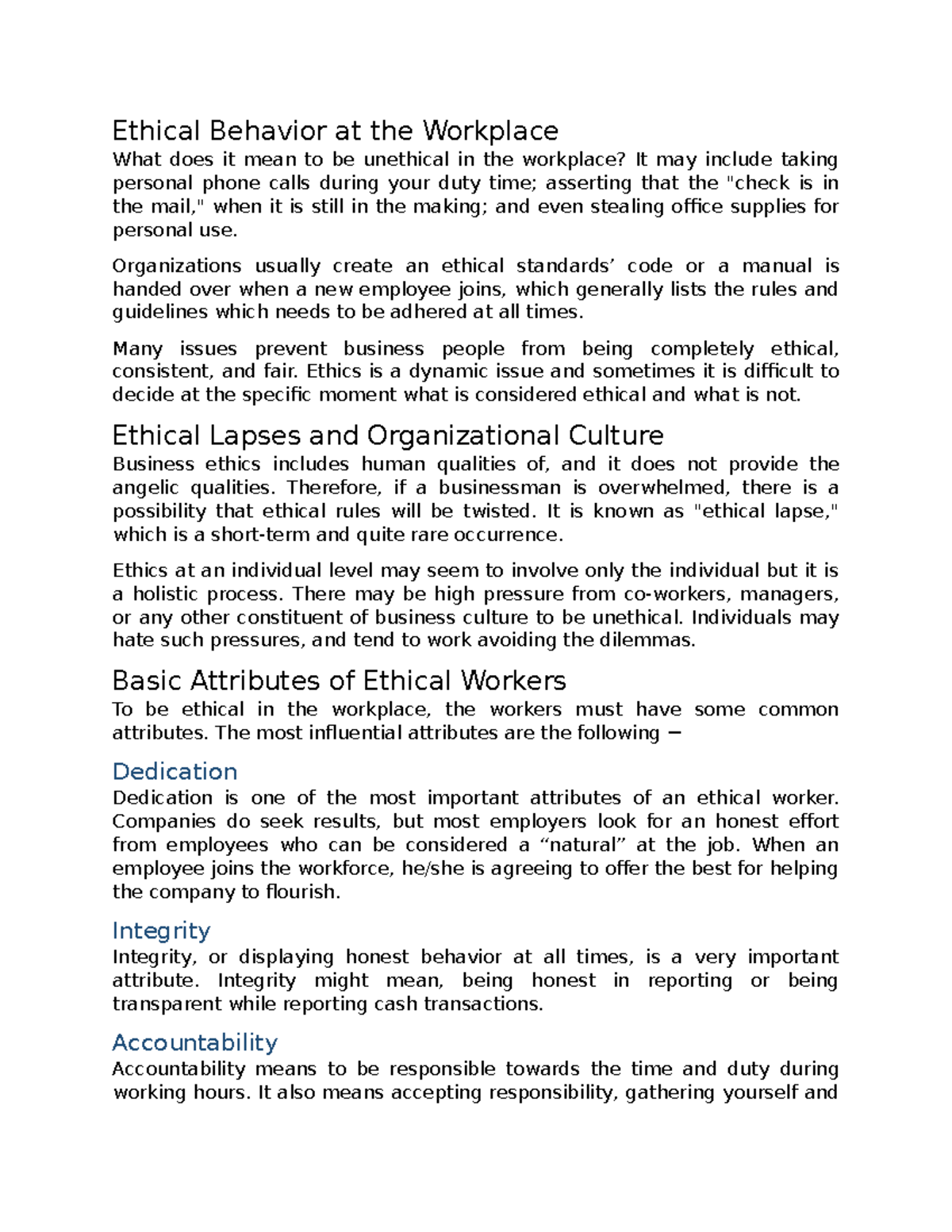 Business ethics notes 9 - Ethical Behavior at the Workplace What does ...