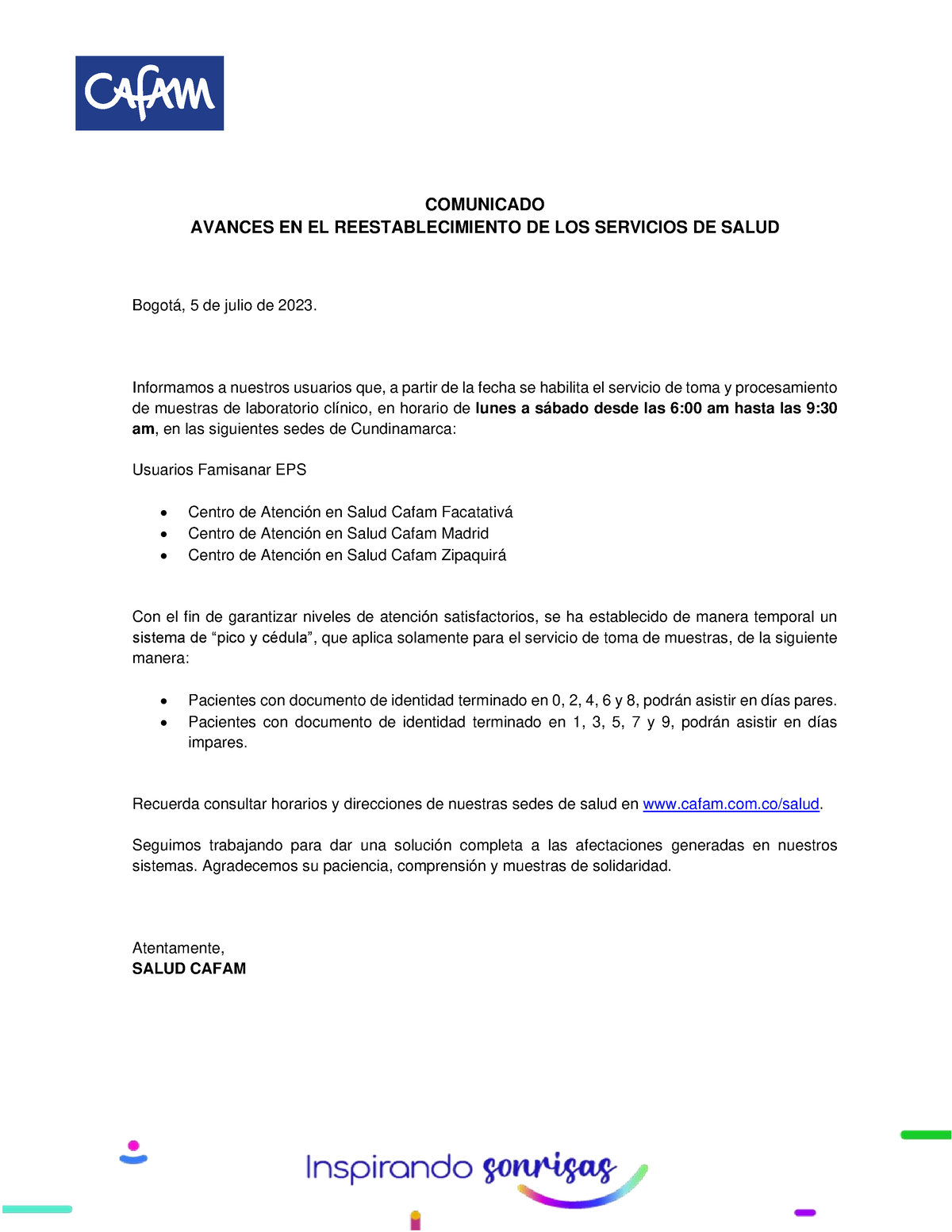 Comunicaci N Externa - Reestablecimiento Salud 050723 V1 - Cuadro ...