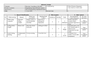 Hirarc Activity 2 - HAZARD IDENTIFICATION RISK ANALYSIS RISK CONTROL NO ...