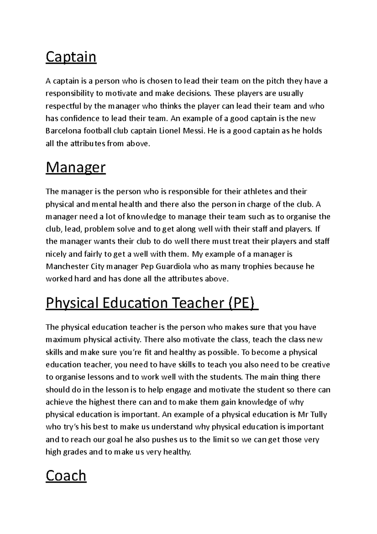 Captain - Notes for sports science and exercise for essays - Captain A ...