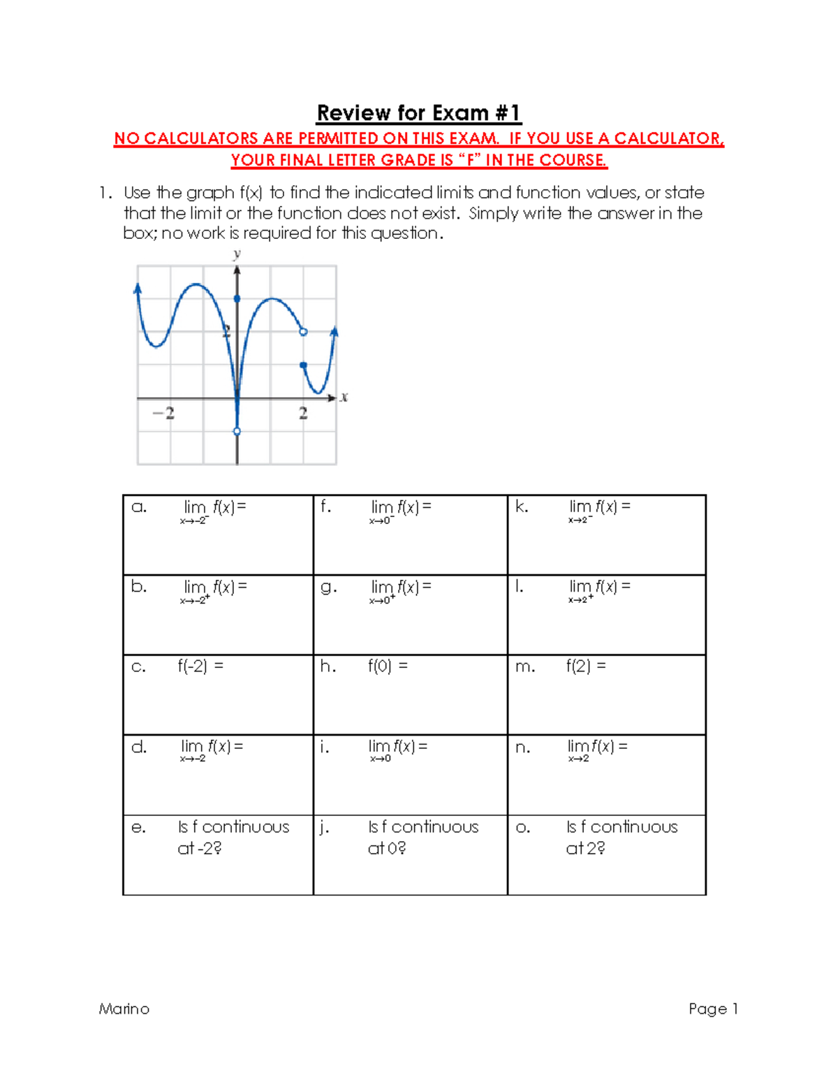 MTH 131 Review for Exam 1 - Review for Exam NO CALCULATORS ARE ...