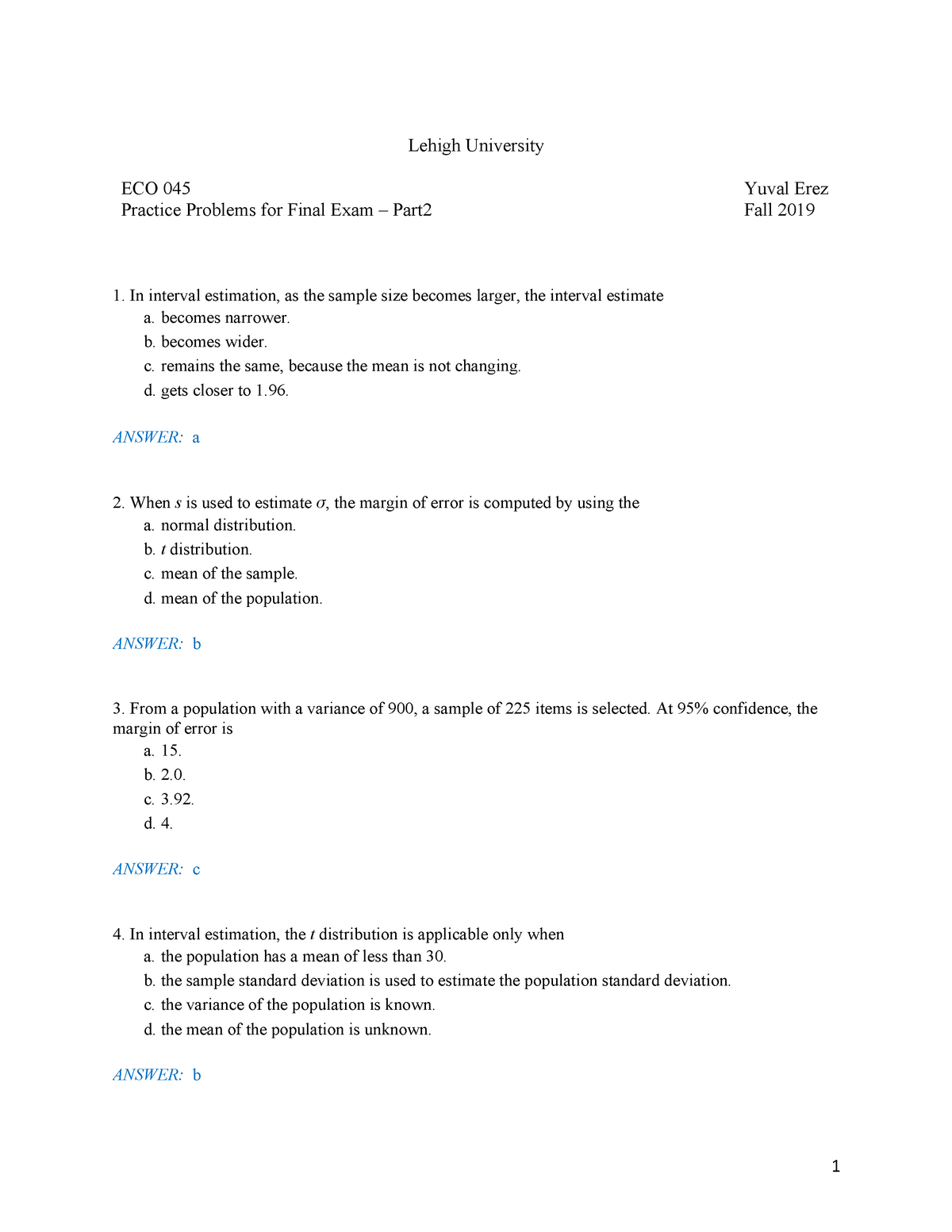 Eco 045 Practice Problems For Final Exam Part2 Fall 19 Warning Tt Undefined Function 32 Lehigh University Eco 045 Practice Problems For Final Exam Part Studocu