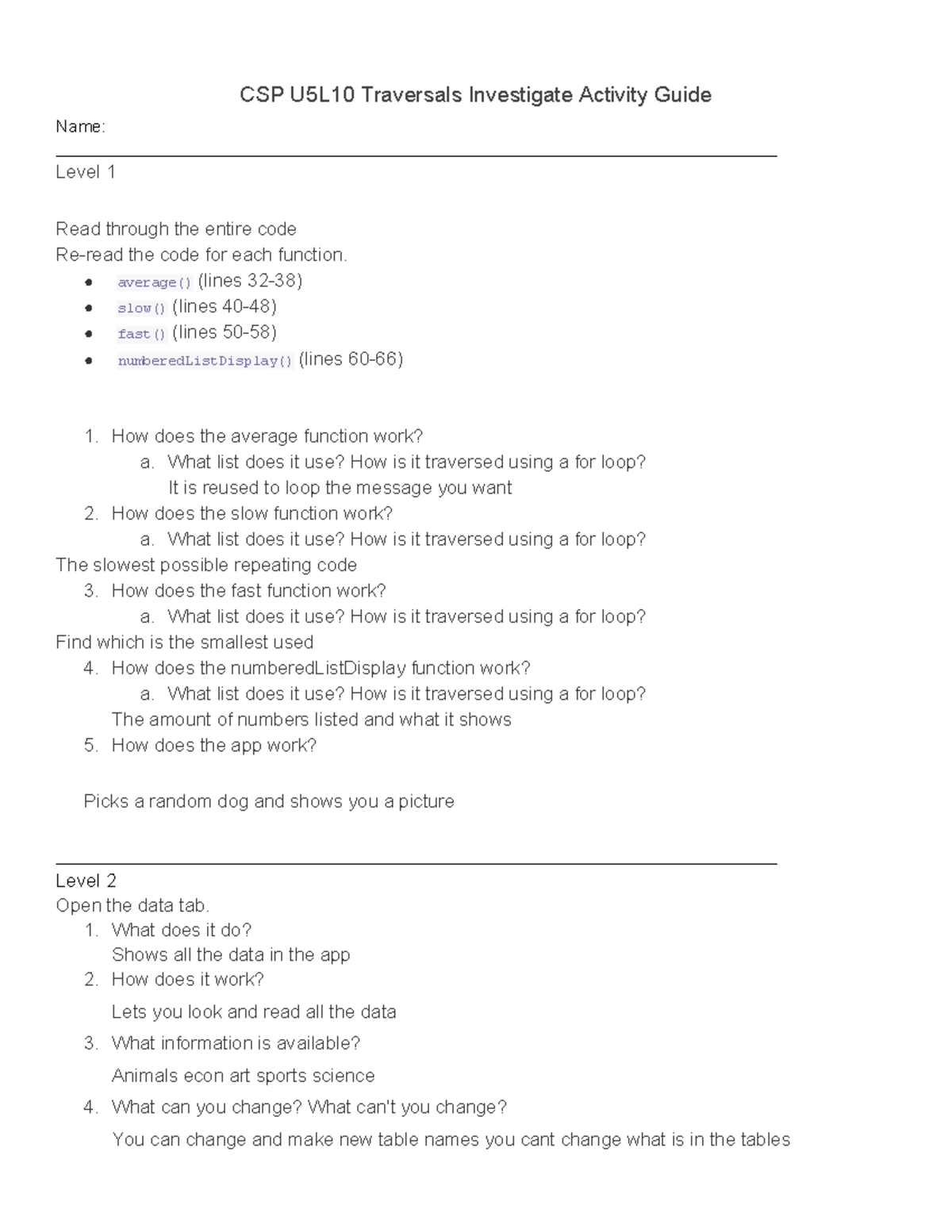 CSP U5L10 Traversals Activity Guide CSP U5L10 Traversals Investigate