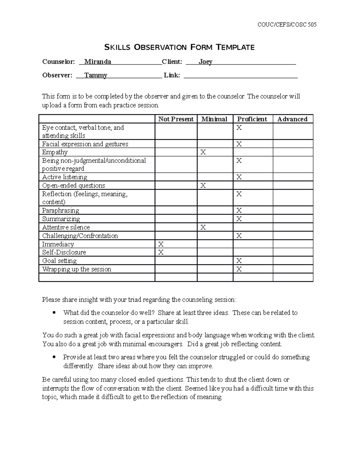 Skills Observation Form Template - COUC/CEFS/COSC 505 SKILLS