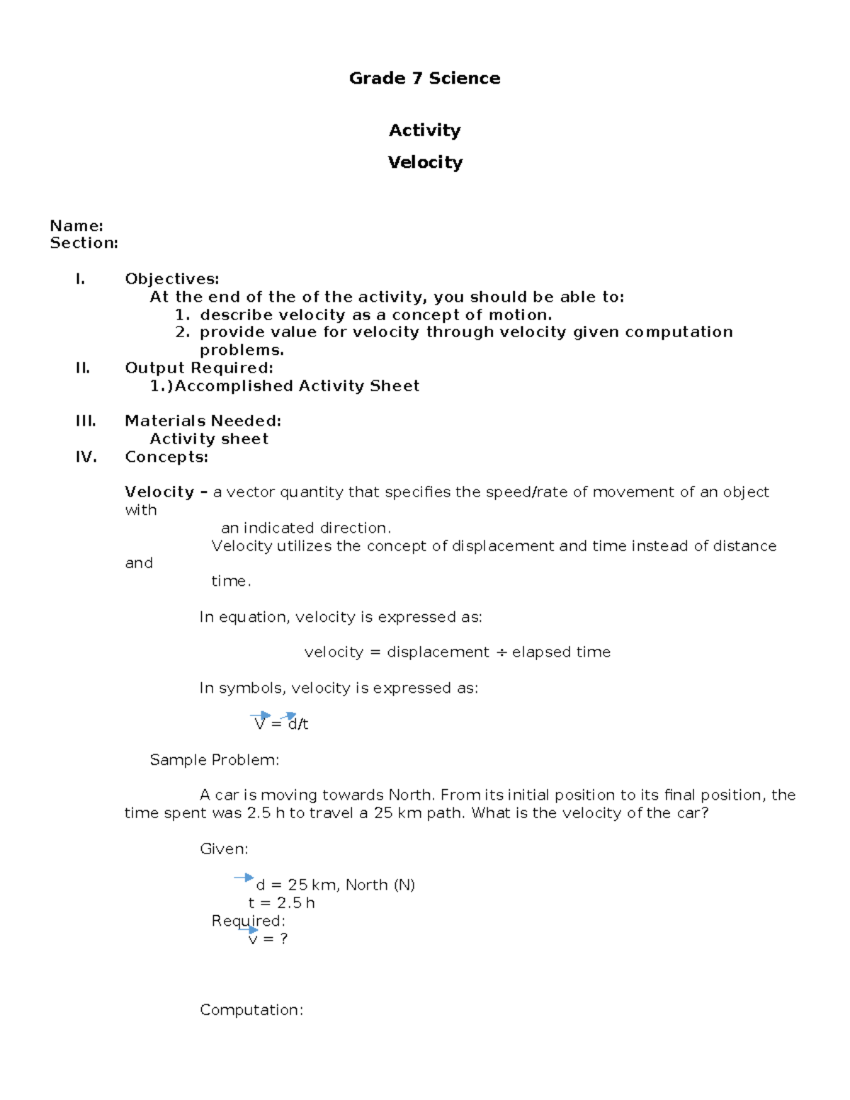 Velocity-Activity - Velocity – a vector quantity that specifies the ...
