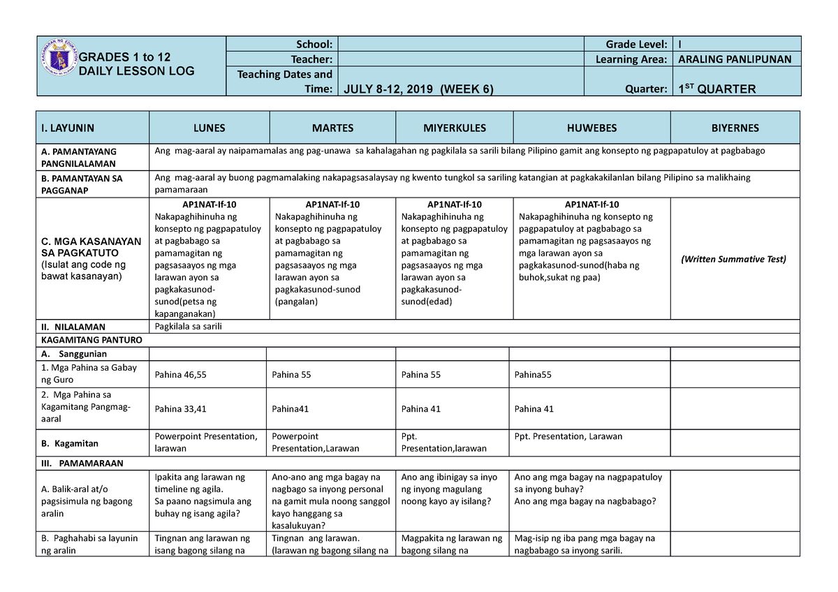 Araling Panlipunan 1 Q1 W6 DLL - GRADES 1 To 12 DAILY LESSON LOG School ...