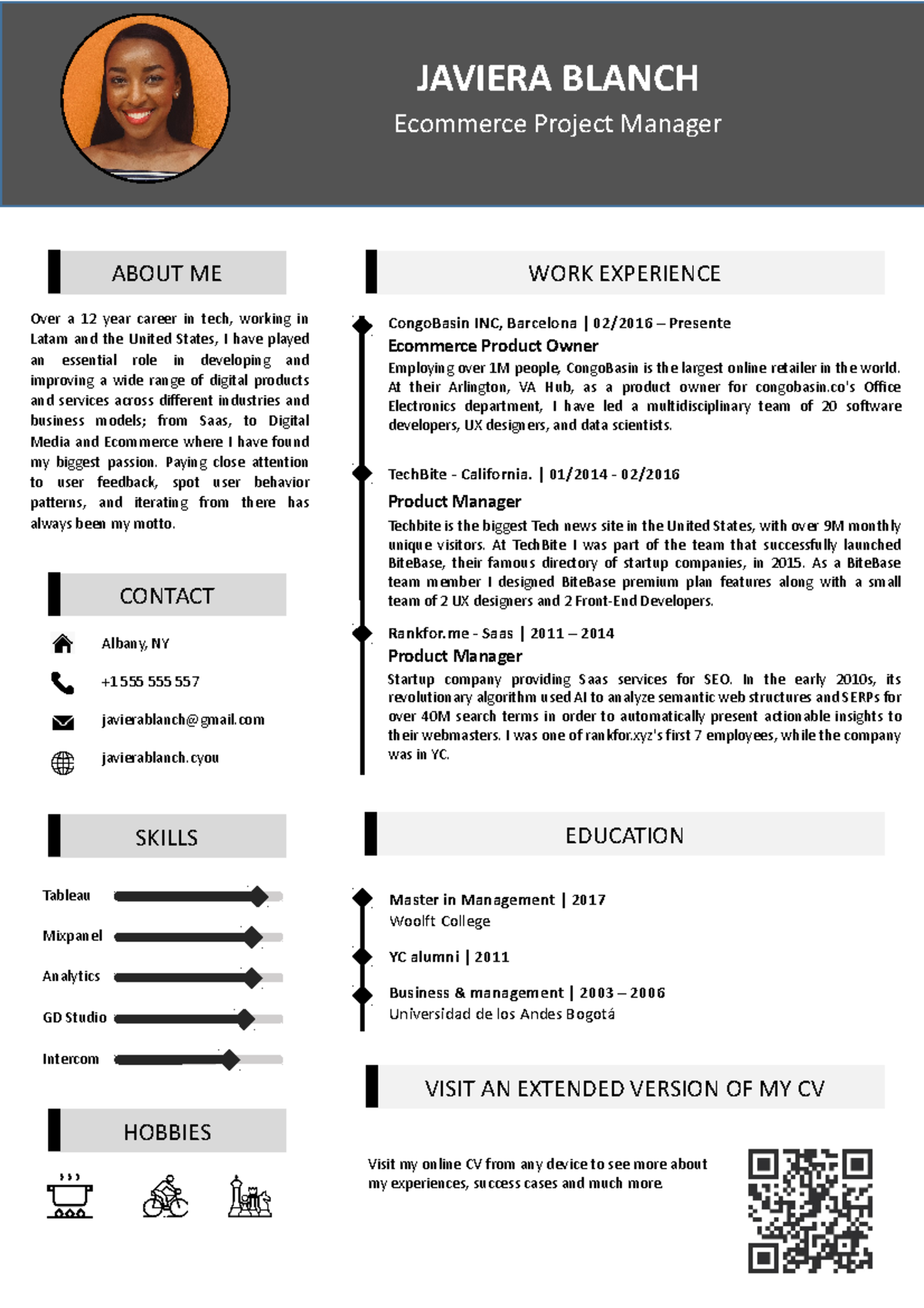 Free cv template 10 - ABOUT ME WORK EXPERIENCE CONTACT SKILLS Tableau ...