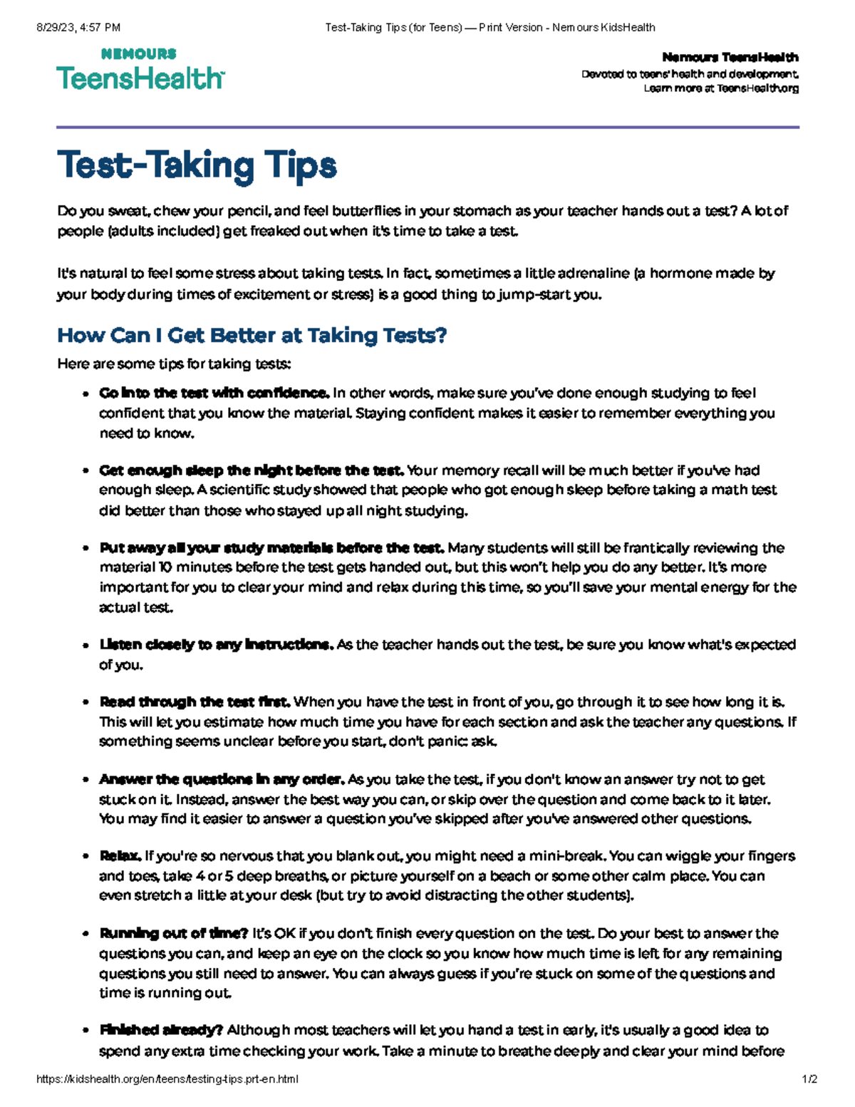 TestTaking Tips (for Teens) — Print Version Nemours Kids Health 8