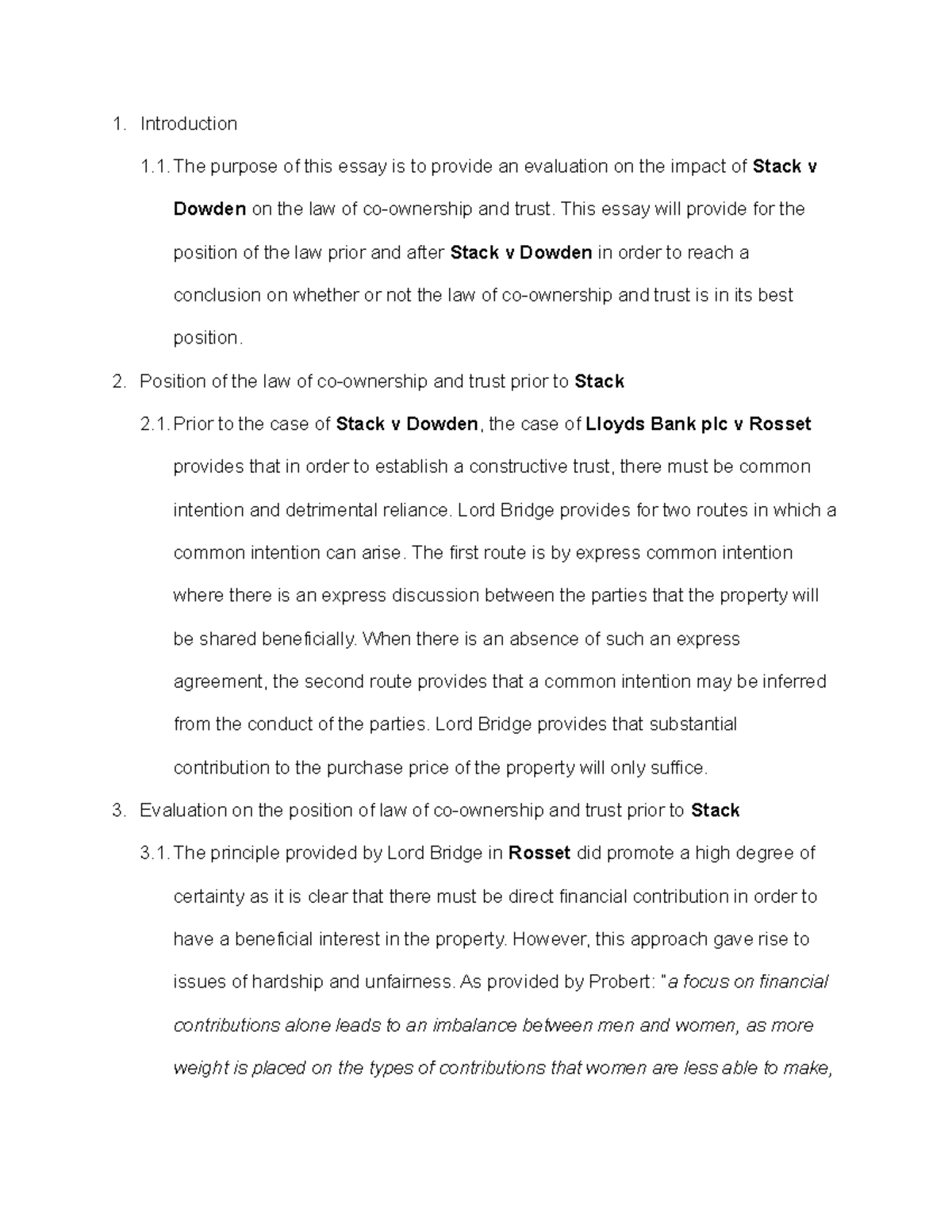 Stack v Dowden evaluation essay - Introduction 1.1 purpose of this ...