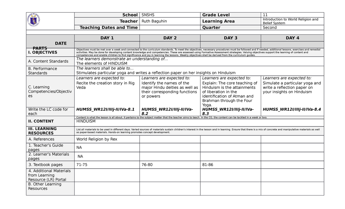 432372260-Dll-World-Religion-2nd-Grading - School SNSHS Grade Level 11 ...