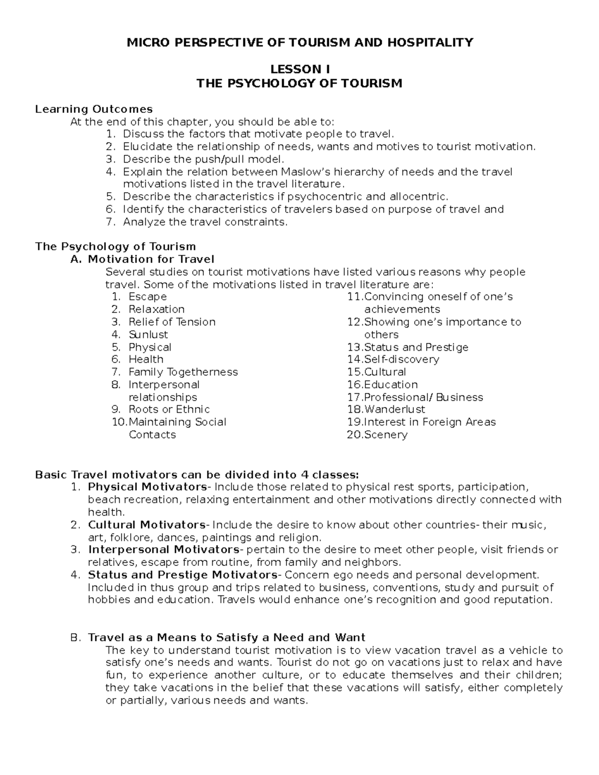 Lesson-I - About Psychology of Tourism - MICRO PERSPECTIVE OF TOURISM ...