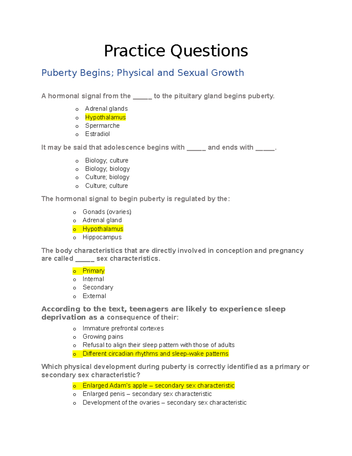 Puberty Begins Physical and Sexual Growth Practice Questions