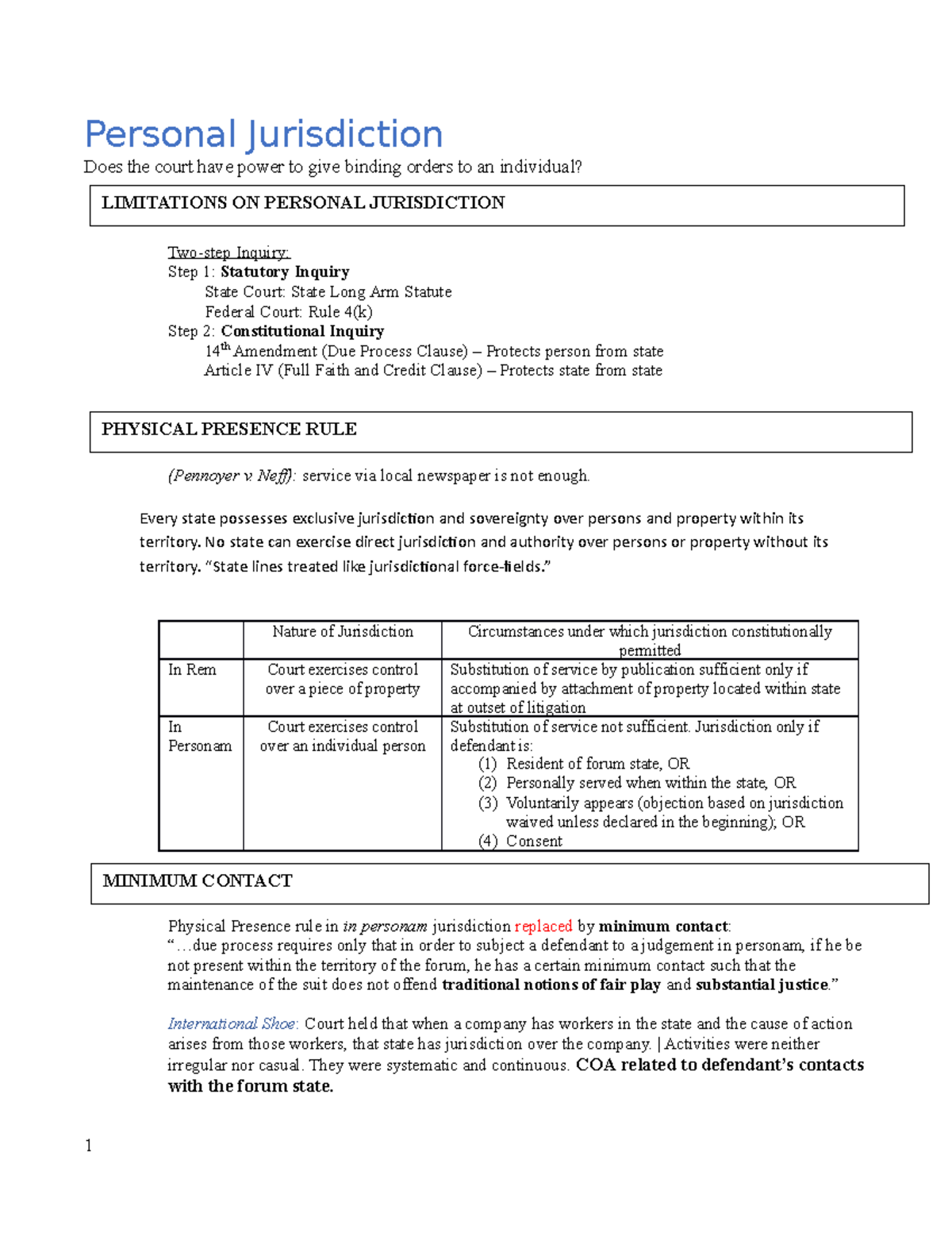 Civ Pro Outline - Personal Jurisdiction Does The Court Have Power To ...