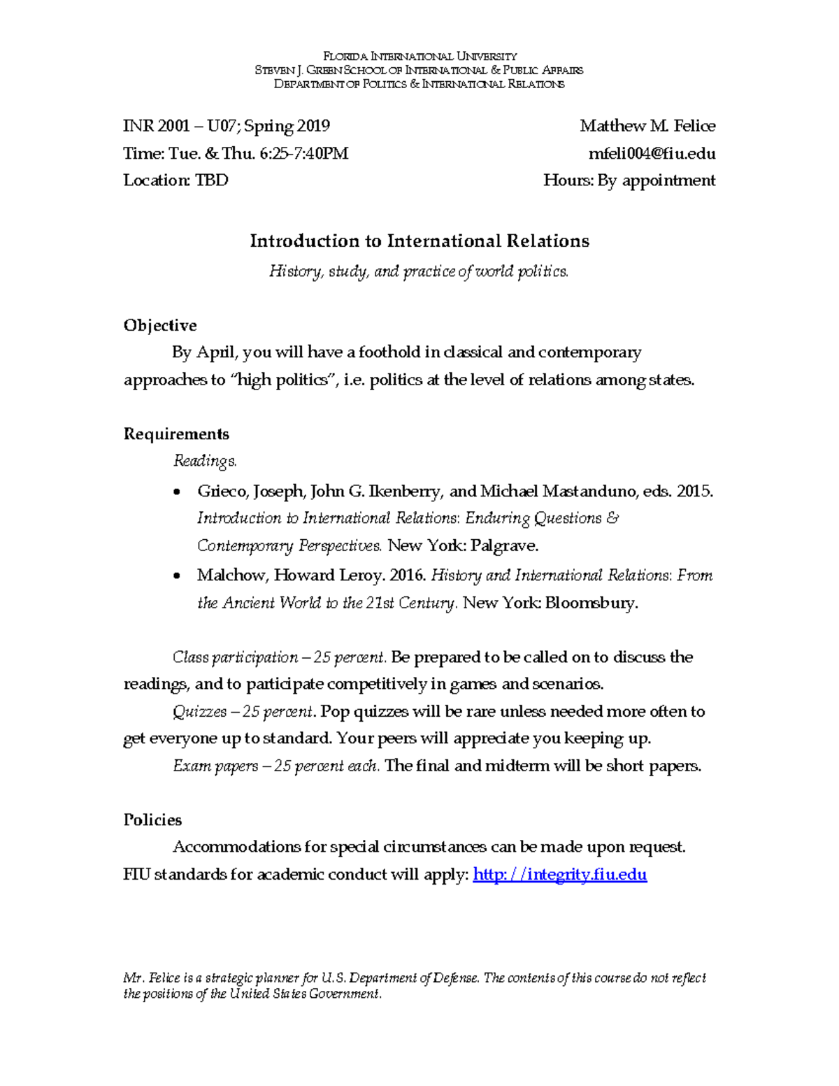 Syllabus for Intro to International Rela - STEVEN J. GREEN SCHOOL OF ...
