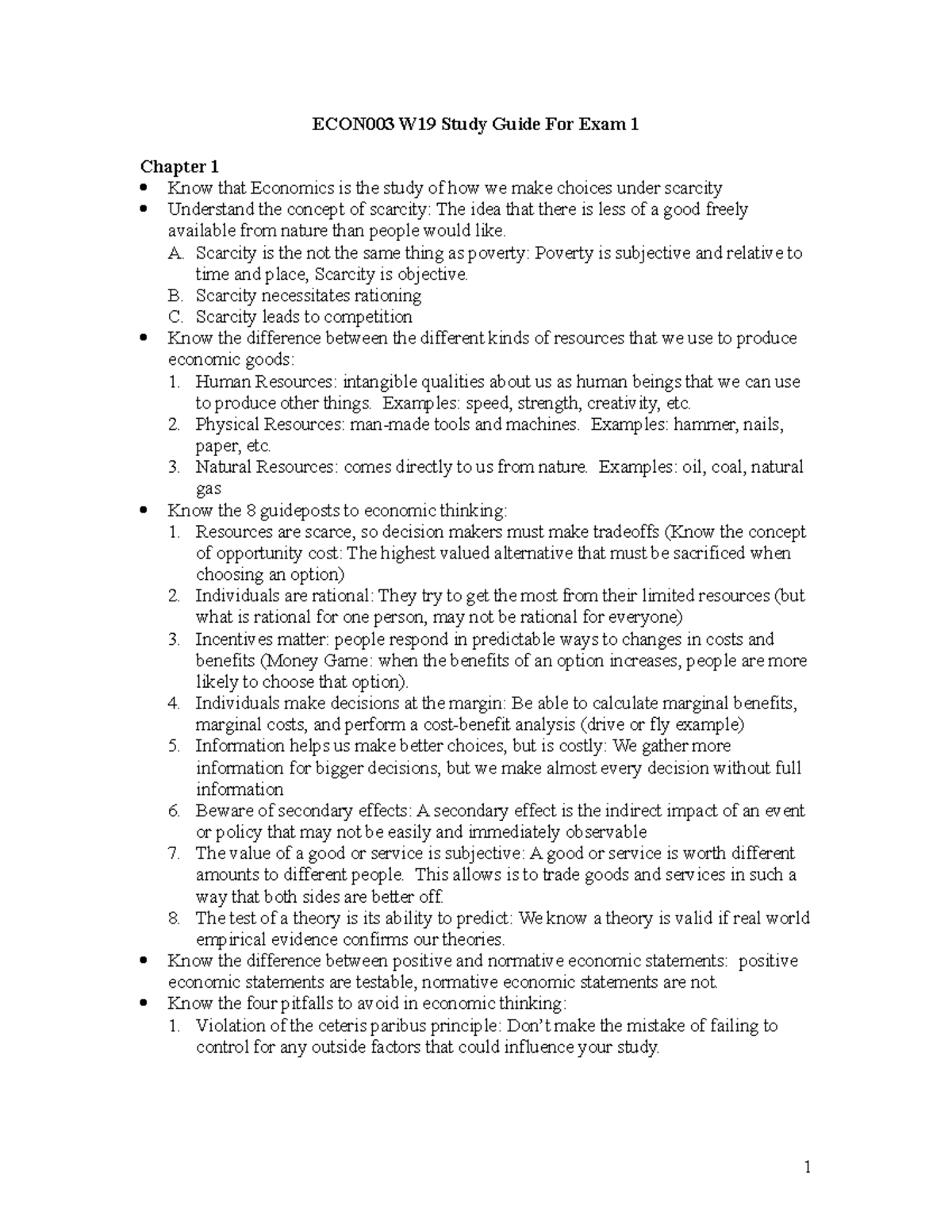 Study Guide for Exam 1 - First Midterm - ECON003 W19 Study Guide For ...