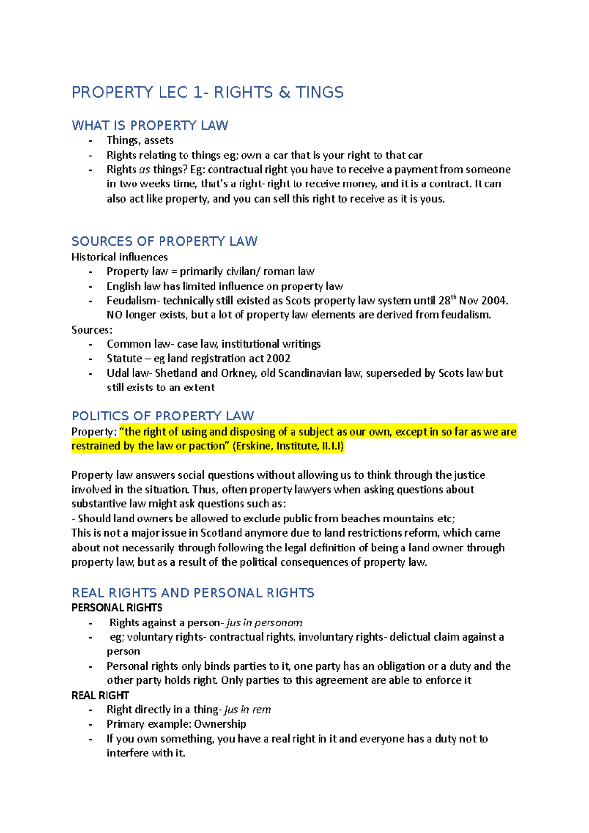 Property LEC 1 - PROPERTY LEC 1- RIGHTS & TINGS WHAT IS PROPERTY LAW ...