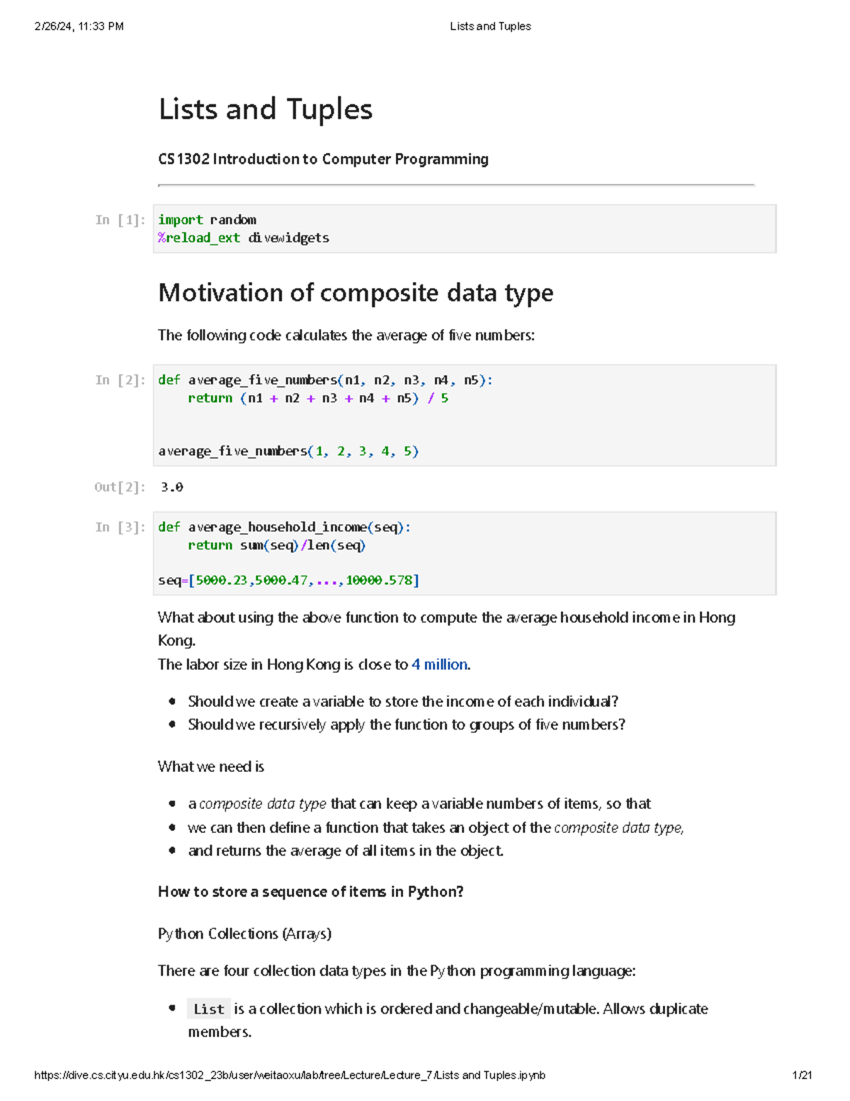 Lists and Tuples - NOTES about list and tuple - Lists and Tuples CS1302 ...
