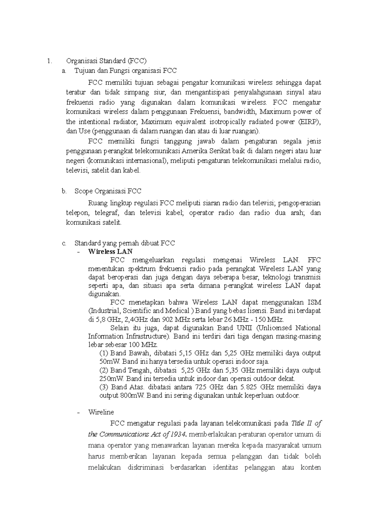 Resume Organisasi Standard (FCC) Organisasi Standard (FCC) a. Tujuan dan Fungsi organisasi FCC