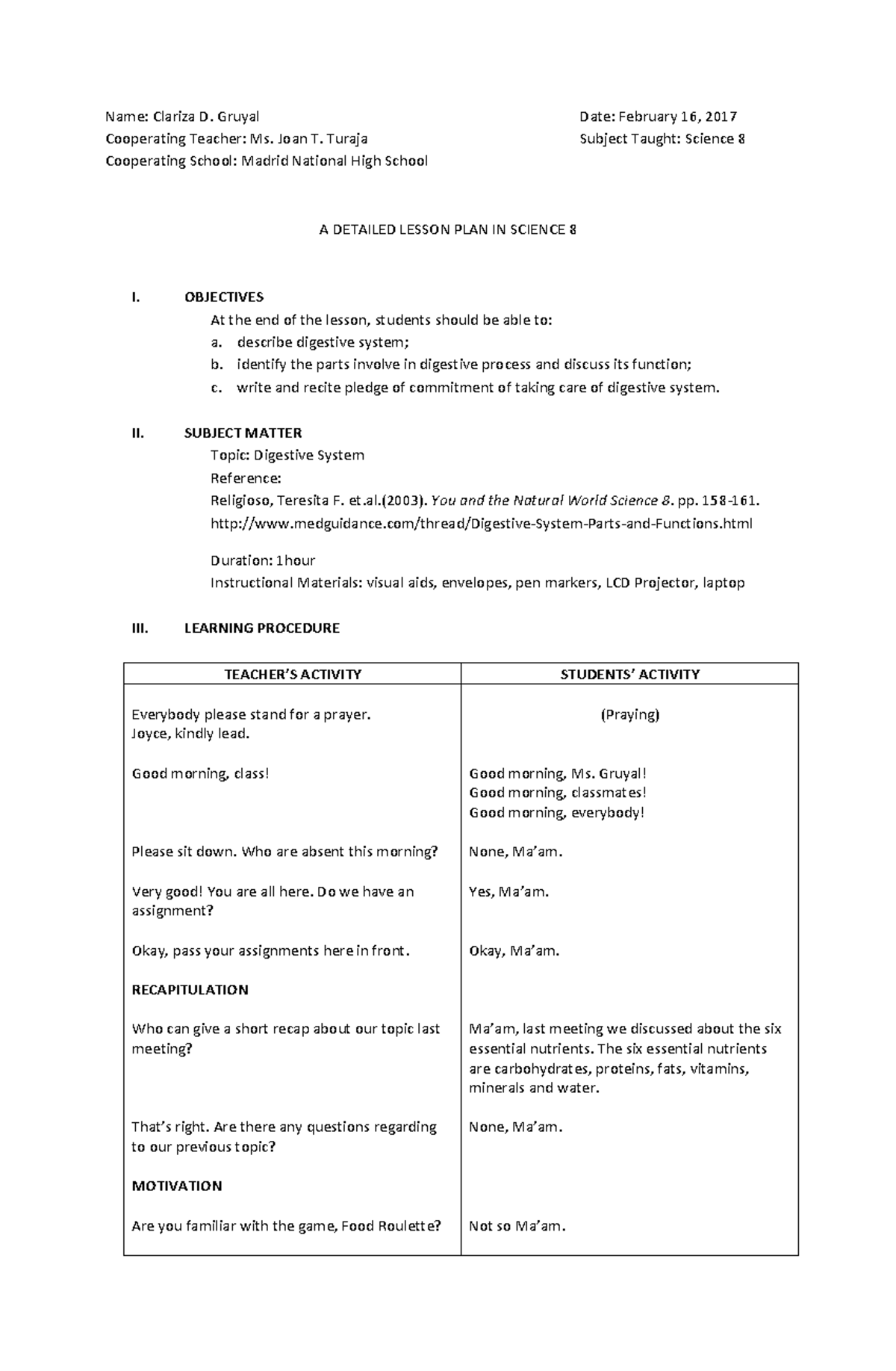 Lesson plan in digestive sstem - Name: Clariza D. Gruyal Date: February ...