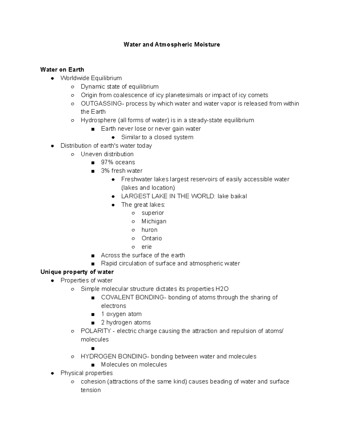 Chapter 6 - 10 notes - Water and Atmospheric Moisture Water on Earth ...