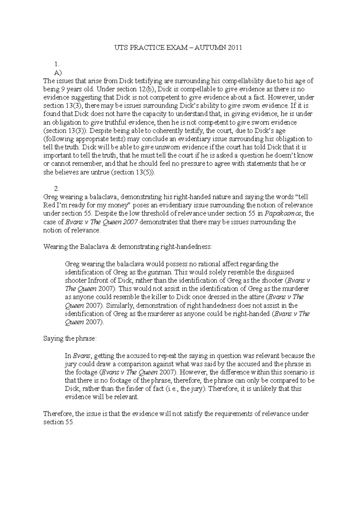 UTS Practice EXAM 2011 Autumn - UTS PRACTICE EXAM – AUTUMN 2011 1. A ...