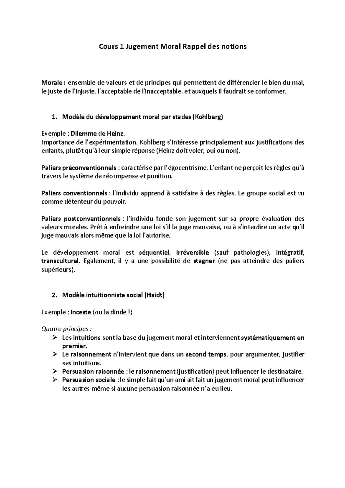 Cours 1 Jugement Moral Rappel des notions Cours 1 Jugement Moral