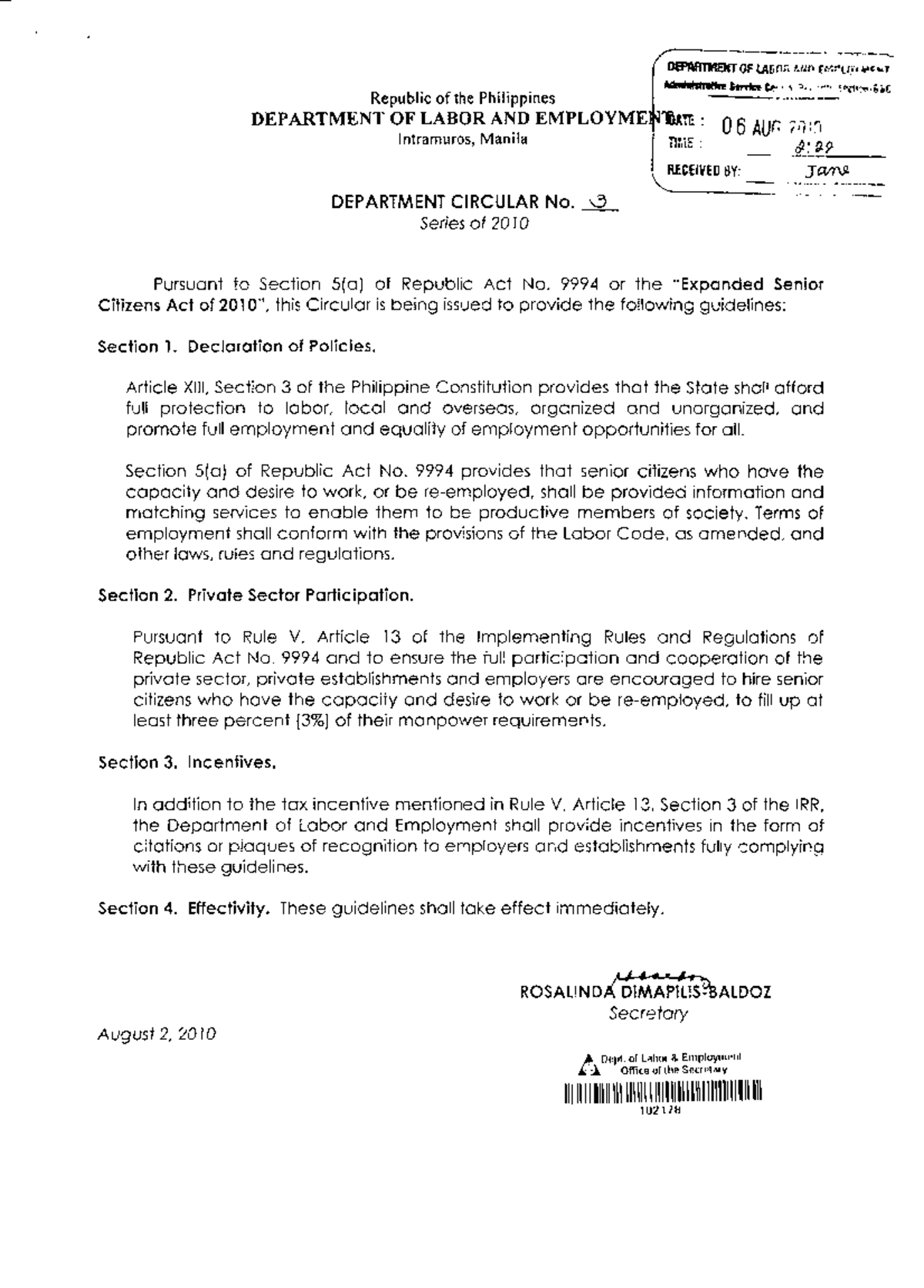 1 DOLE Circular 3 series of 2010 - Special Commercial Laws - Studocu