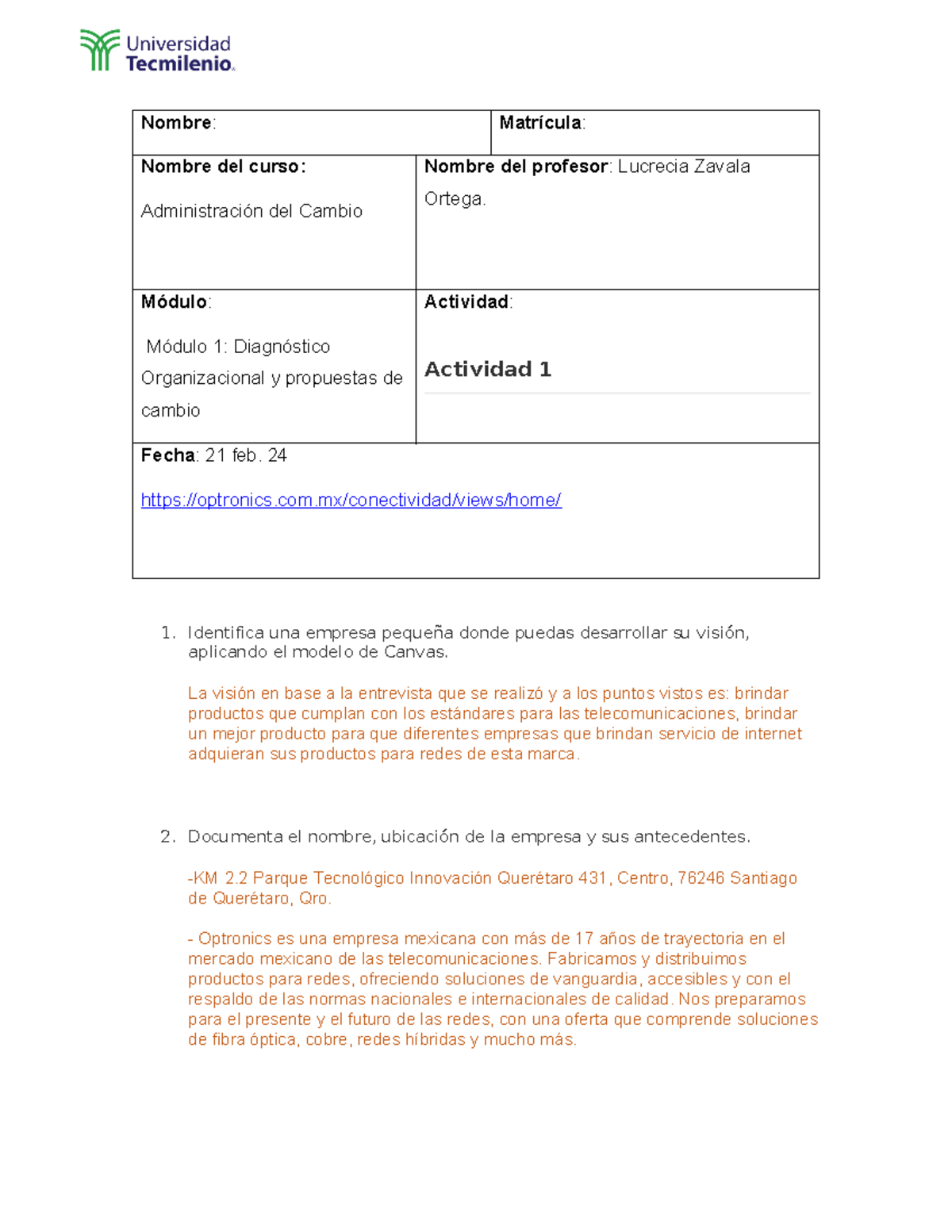 Actividad 1 - act. 1 - Nombre: Matrícula: Nombre del curso ...