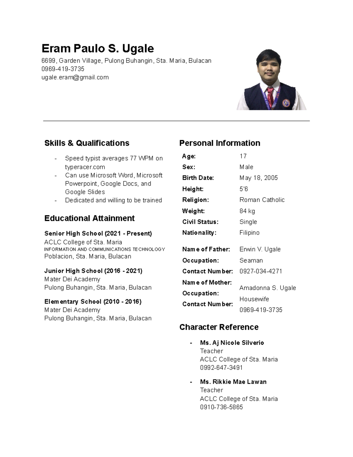Copy of Resume for Work Immersion - Eram Paulo S. Ugale 6699, Garden ...