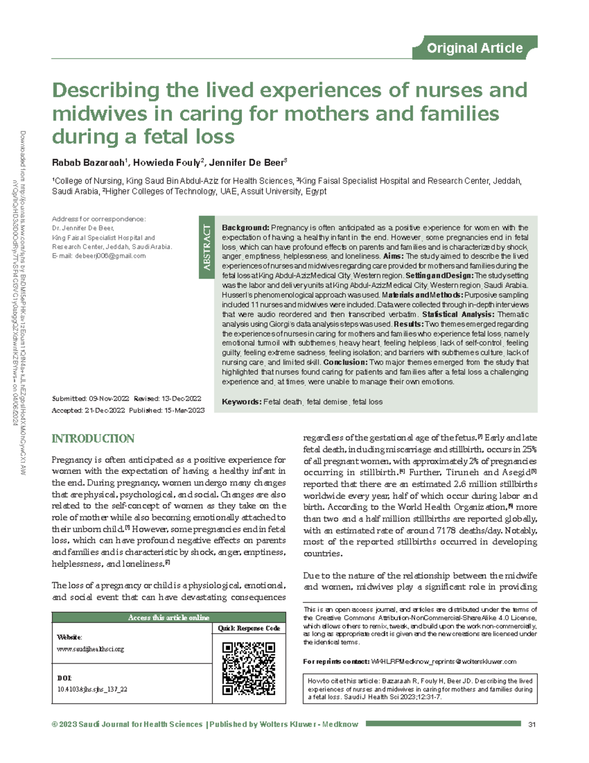 Describing The Lived Experiences Of Nurses And © 2023 Saudi Journal