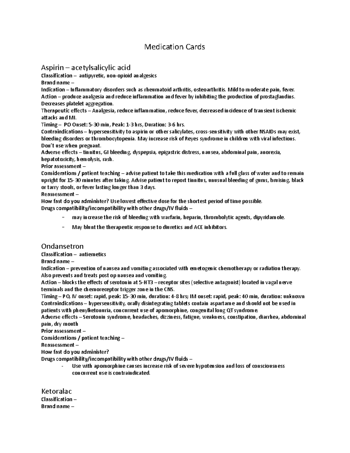 Med cards Medication Cards Aspirin acetylsalicylic acid