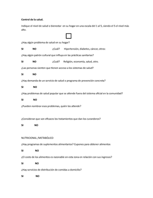 Encuesta comunitaria - Control de la salud. Indique el nivel de salud o  bienestar en su hogar en una - Studocu